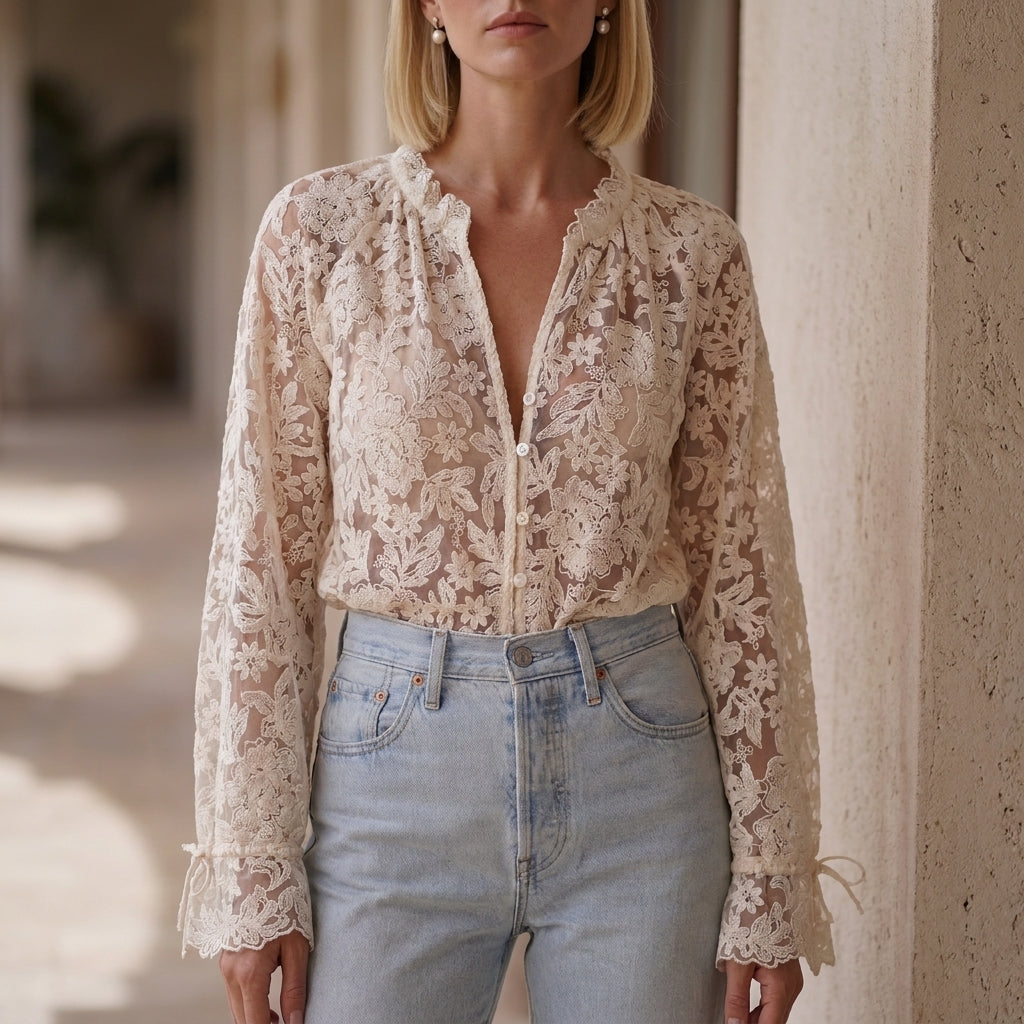 Romantic Floral Lace Button-Front Blouse with Flared Sleeves