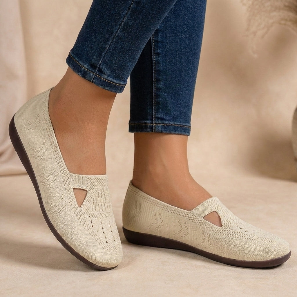 Fly-Knit Low-Cut Flats with Breathable Textured Knit and Hollow-Out Detailing