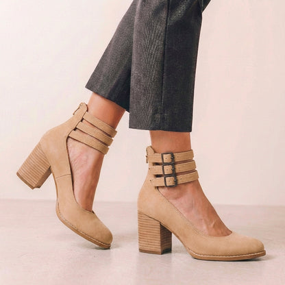 Distressed Vegan Leather Block Heel Pumps with Buckled Ankle Straps and Cut-Out Details