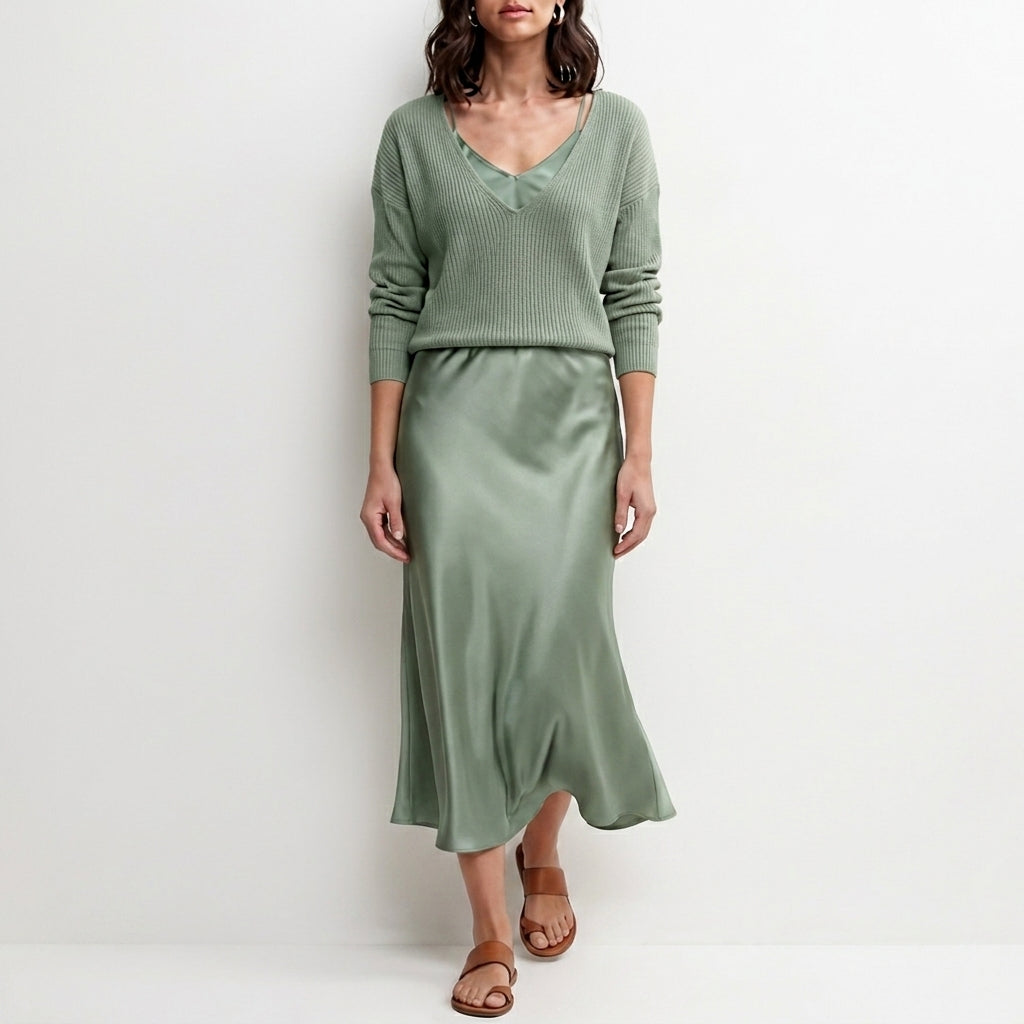 Relaxed V-Neck Knit Top and Satin Maxi Skirt Set