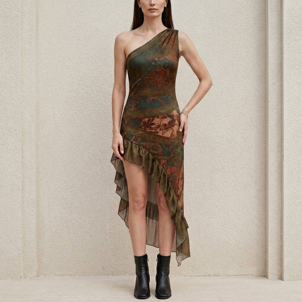 Bohemian One-Shoulder Printed High-Slit Maxi Dress