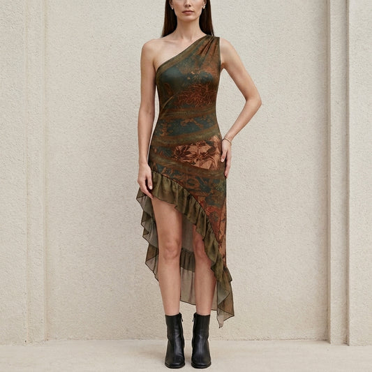 Bohemian One-Shoulder Printed High-Slit Maxi Dress