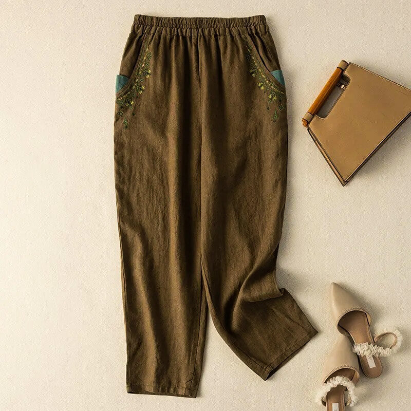 Linen Relaxed Fit Ankle-Length Harem Pants with Embroidered Pockets