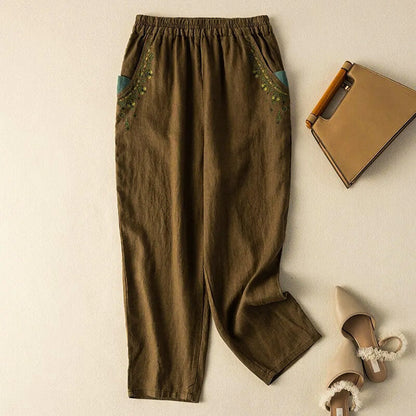 Linen Relaxed Fit Ankle-Length Harem Pants with Embroidered Pockets