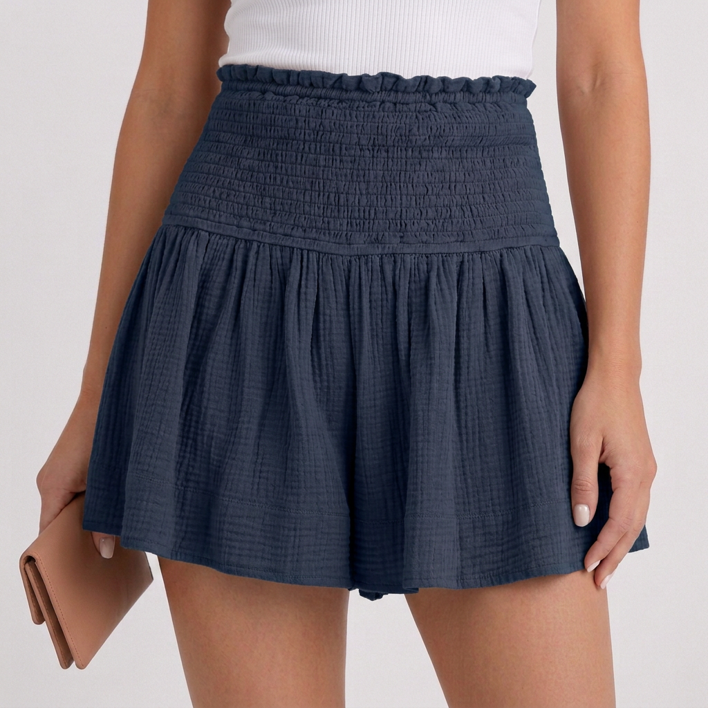 Textured Smocked Waist Shorts with Ruffle Trim and Gathered Detail