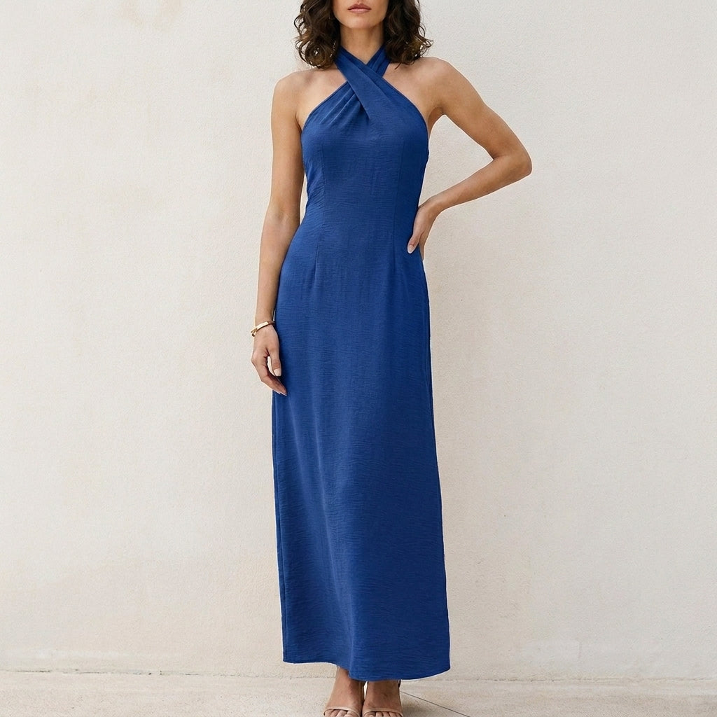 Coastal Elegance Cross Halter Maxi Dress