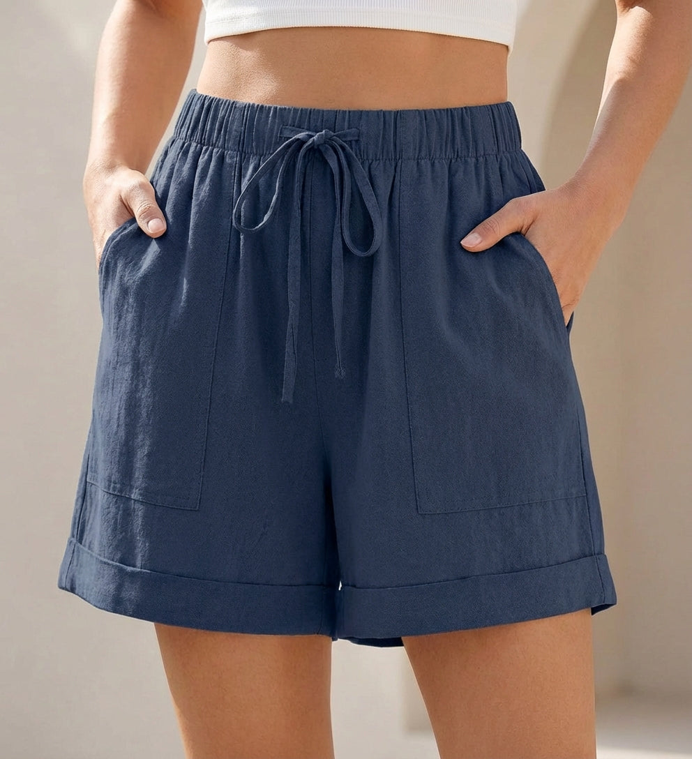Relaxed Drawstring Shorts with Cuffed Hem and Pockets
