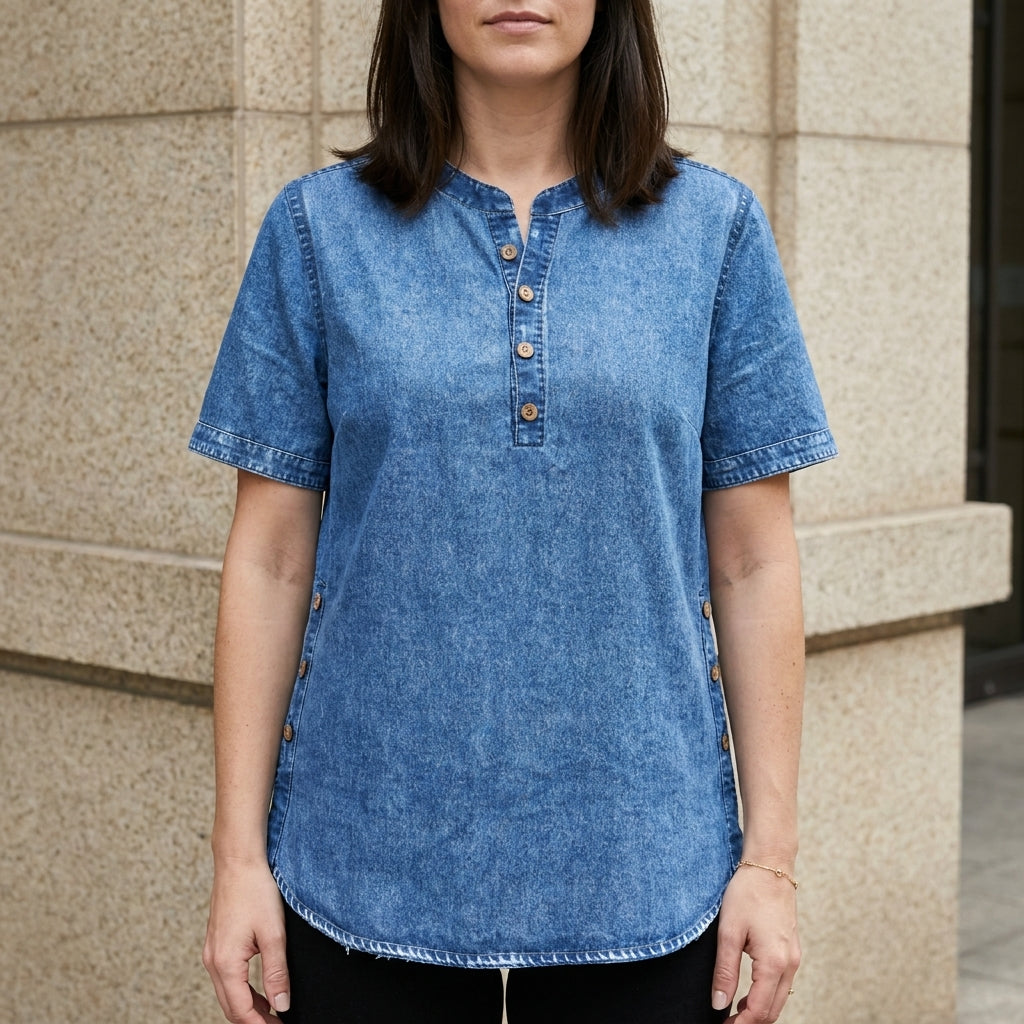 Relaxed Button-Front Denim Look Tunic Top