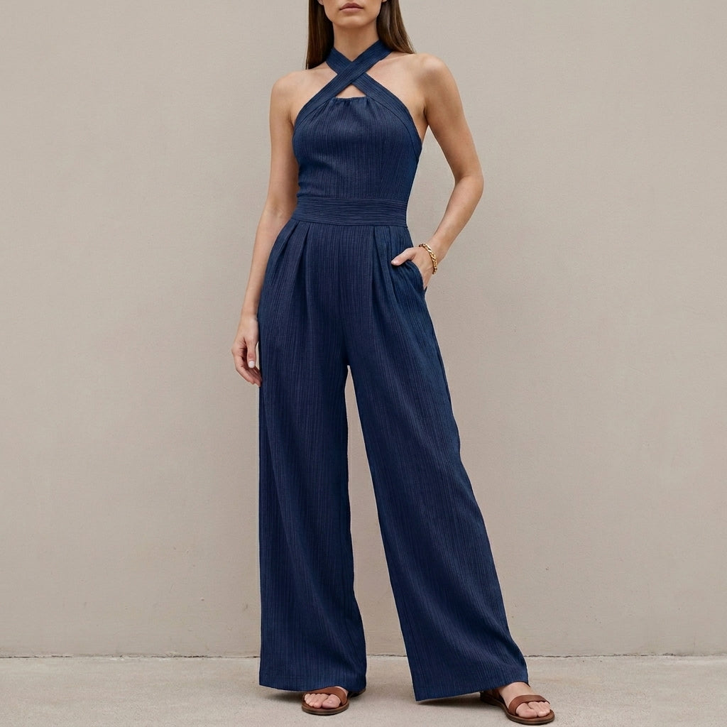 Elegant Cross Halter Wide Leg Jumpsuit