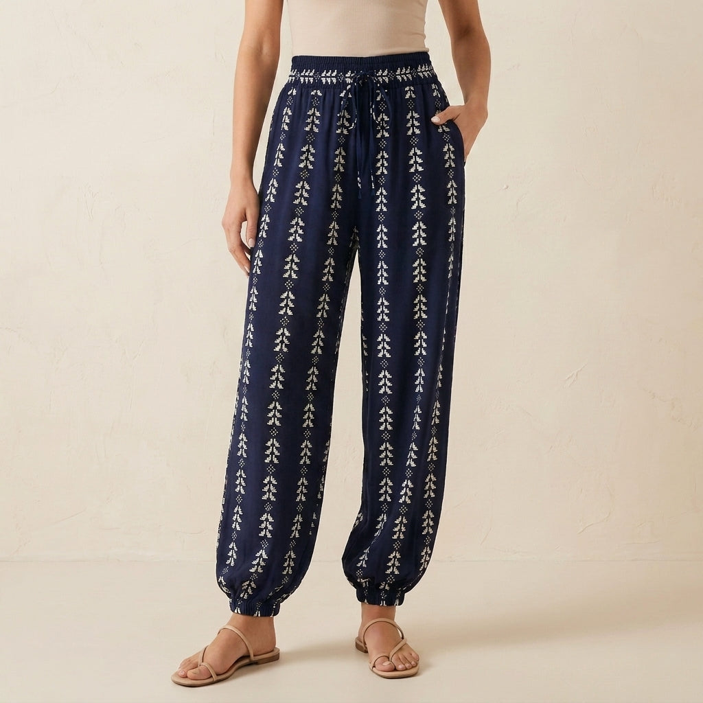 High-Waisted Lantern Pants with Tapered Cuffs and Ethnic Motifs