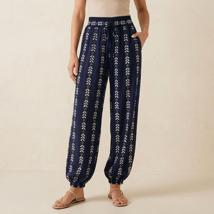 High-Waisted Lantern Pants with Tapered Cuffs and Ethnic Motifs