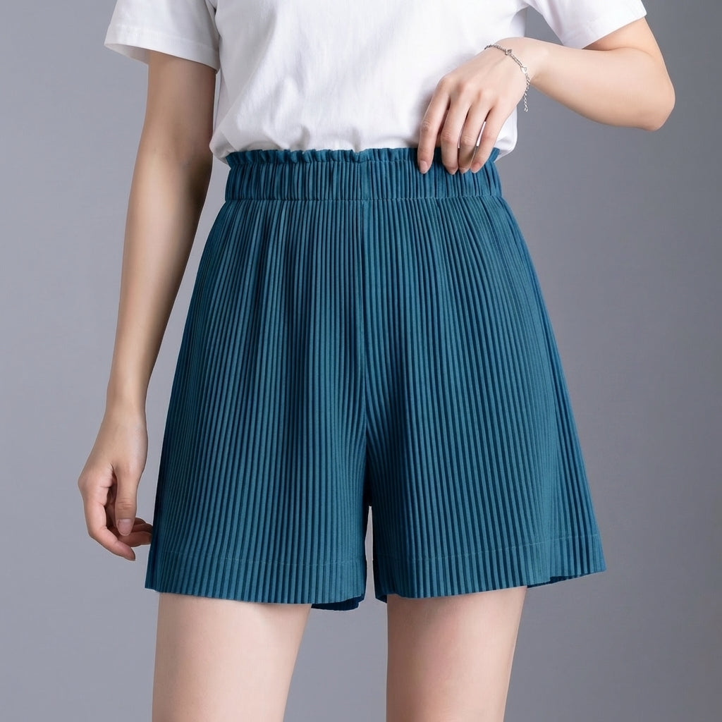 High-Waisted Wide-Leg Pleated Shorts with Ruffle-Trim Waistband
