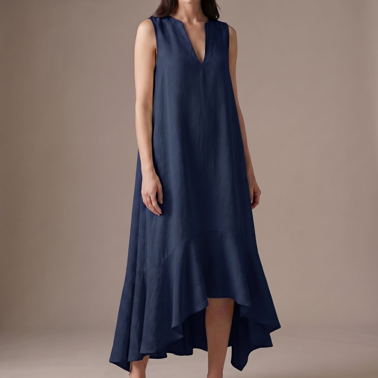 Flowing Sleeveless Maxi Dress with Draped Notched V-Neck and Asymmetric Ruffled Hem