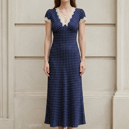 Vintage Polka Dot Lace Trim Midi Tea Dress
