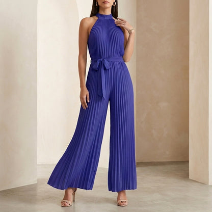 Elegant Pleated Halter Neck Jumpsuit with Flowing Wide Legs