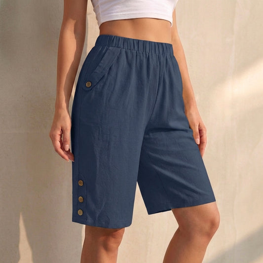 Relaxed High-Waist Knee-Length Shorts with Button Accents