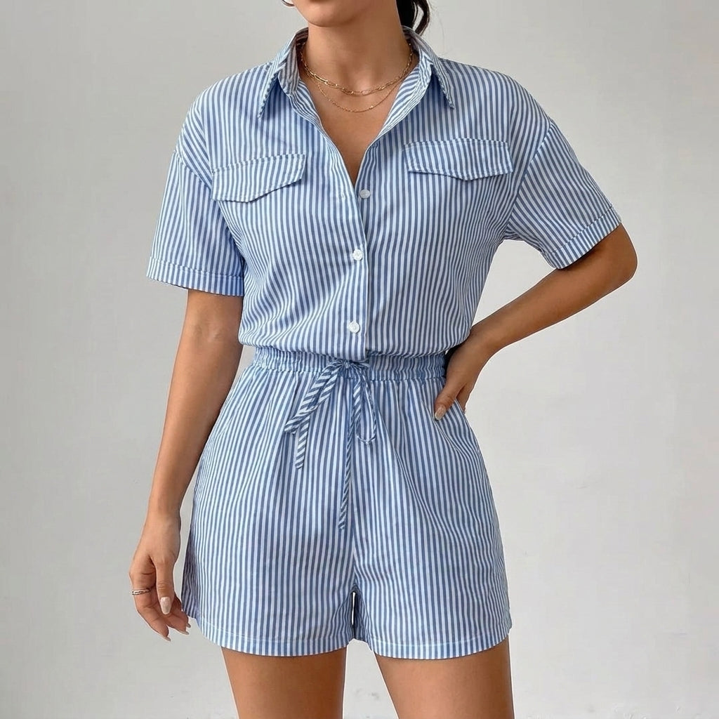 Tailored Vertical Stripe Romper with Collared Neckline and Drawstring Waist