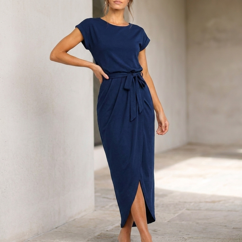 Relaxed Midi Dress with Self-Tie Belt and High Slit