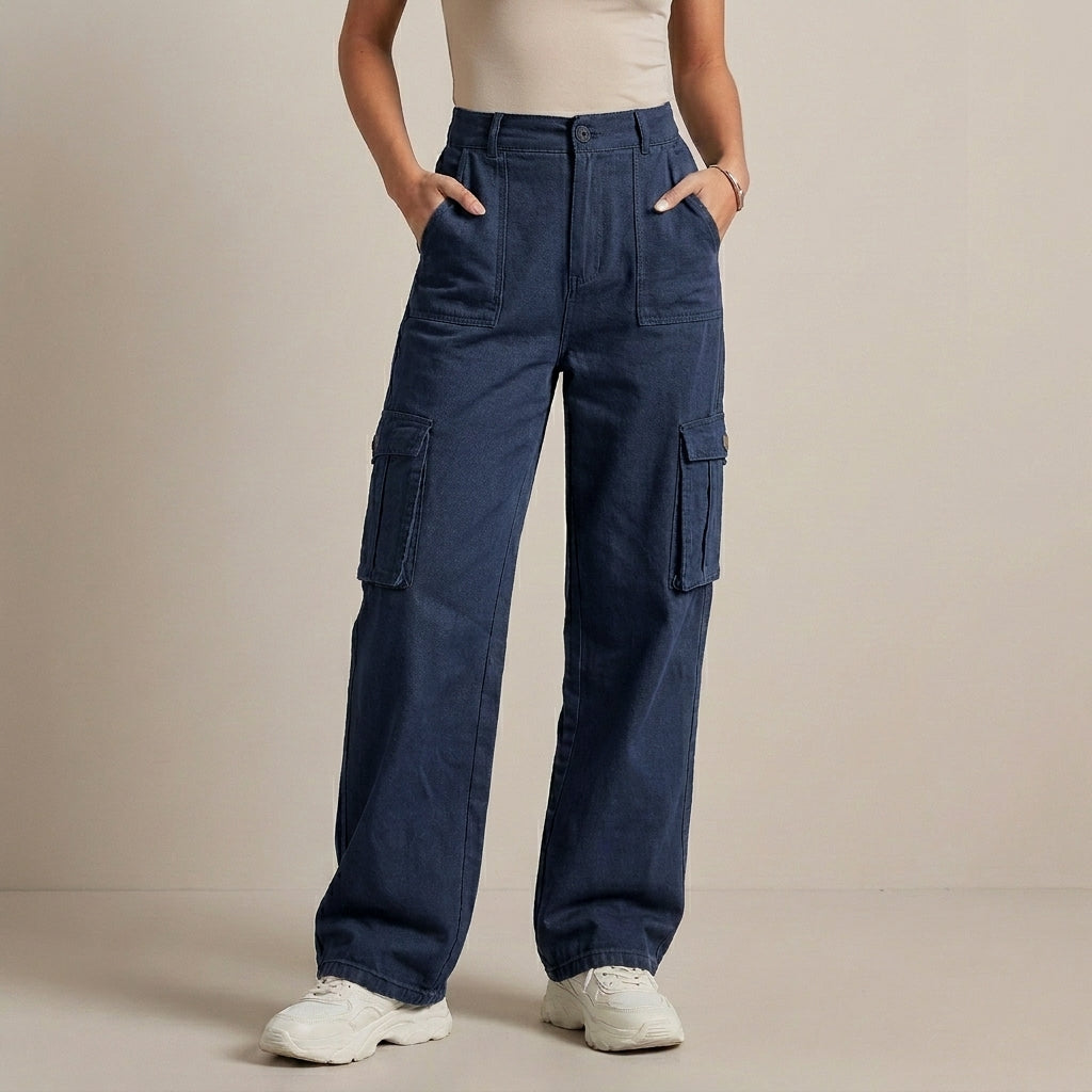 High-Waist Cargo Pants with Relaxed Wide-Leg Streetwear Fit