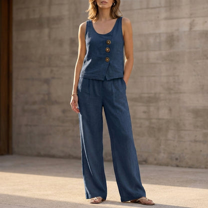 Relaxed Sleeveless Two-Piece Set with Decorative Buttons and Wide-Leg Trousers