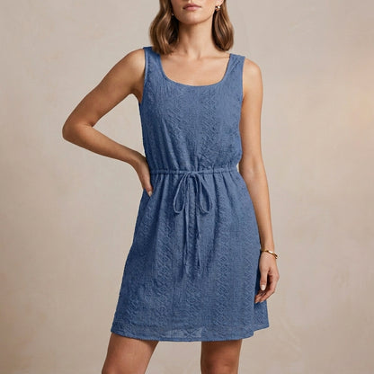 Sleeveless Mini Dress with Hollow-Out Textured Fabric and Adjustable Waist