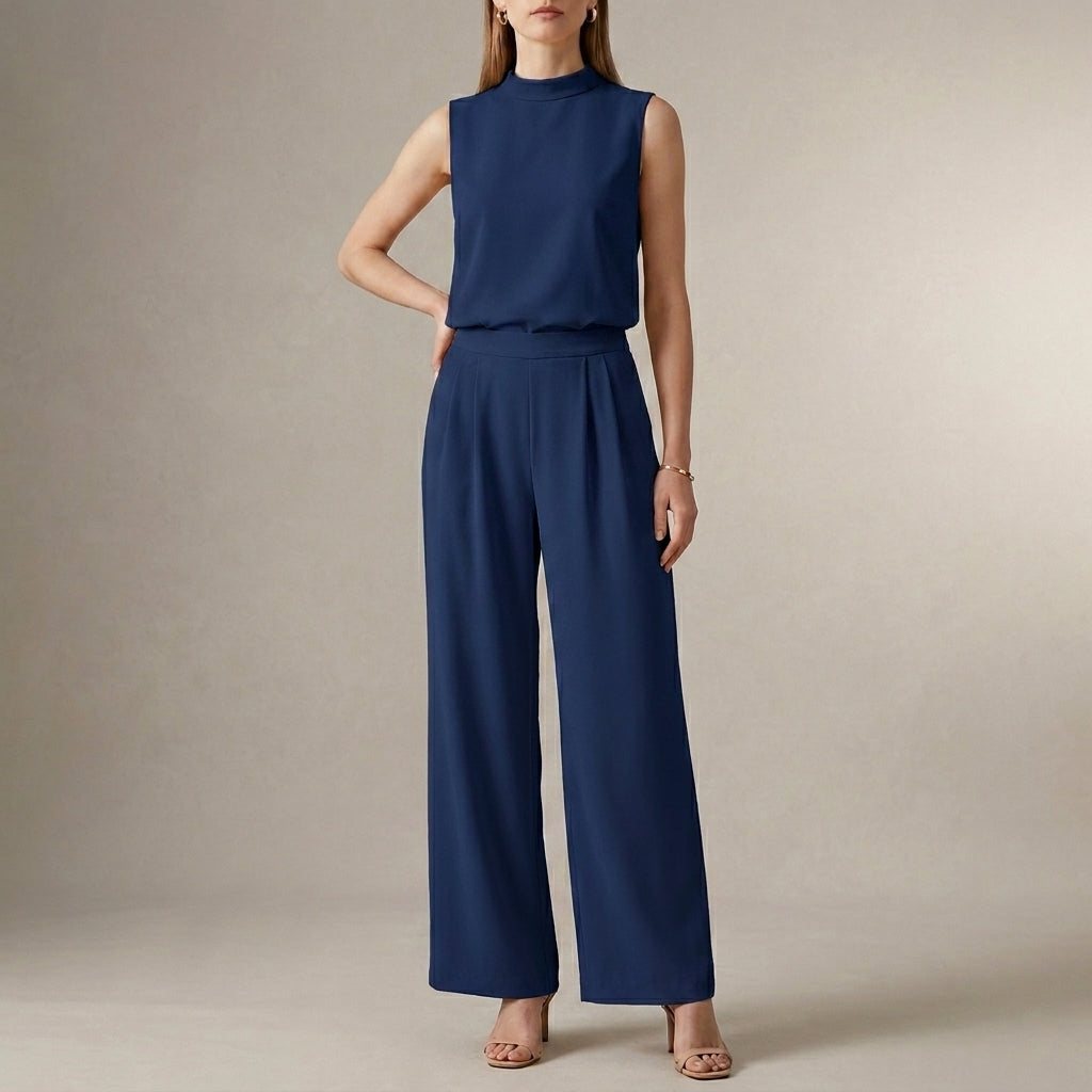 Tailored Sleeveless Mock-Neck Top with High-Waisted Wide-Leg Trousers Set