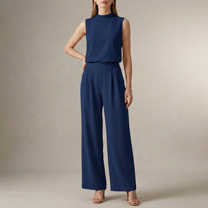 Tailored Sleeveless Mock-Neck Top with High-Waisted Wide-Leg Trousers Set