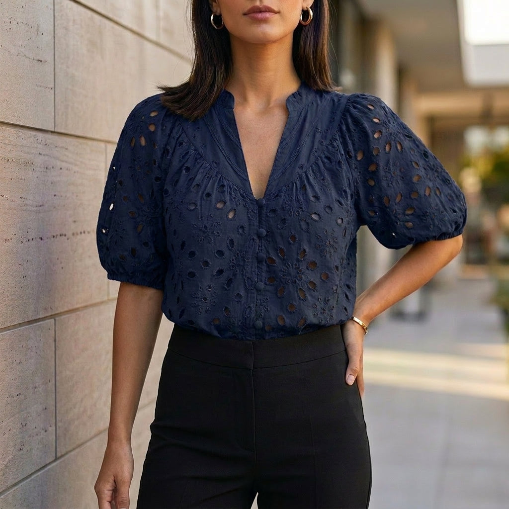Embroidered V-Neck Blouse with Voluminous Lantern Sleeves and Eyelet Detail