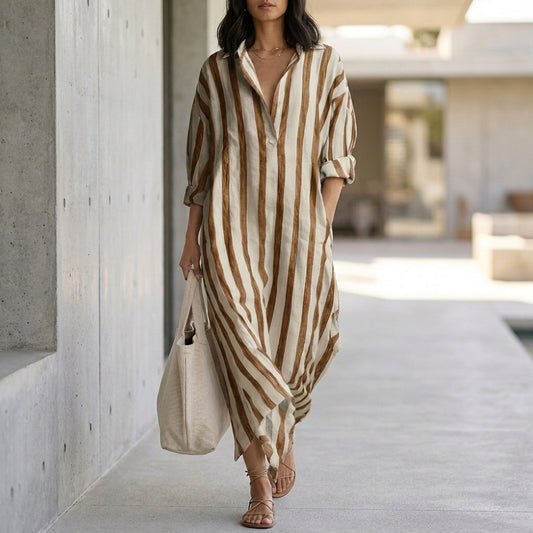 Relaxed Maxi Shirt Dress with Vertical Stripes and Classic Collar