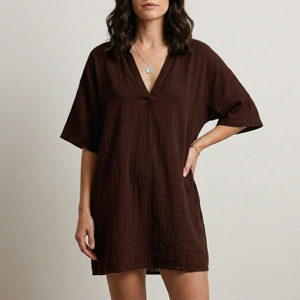 Relaxed V-Neck Mini Dress for Beach & Everyday Style