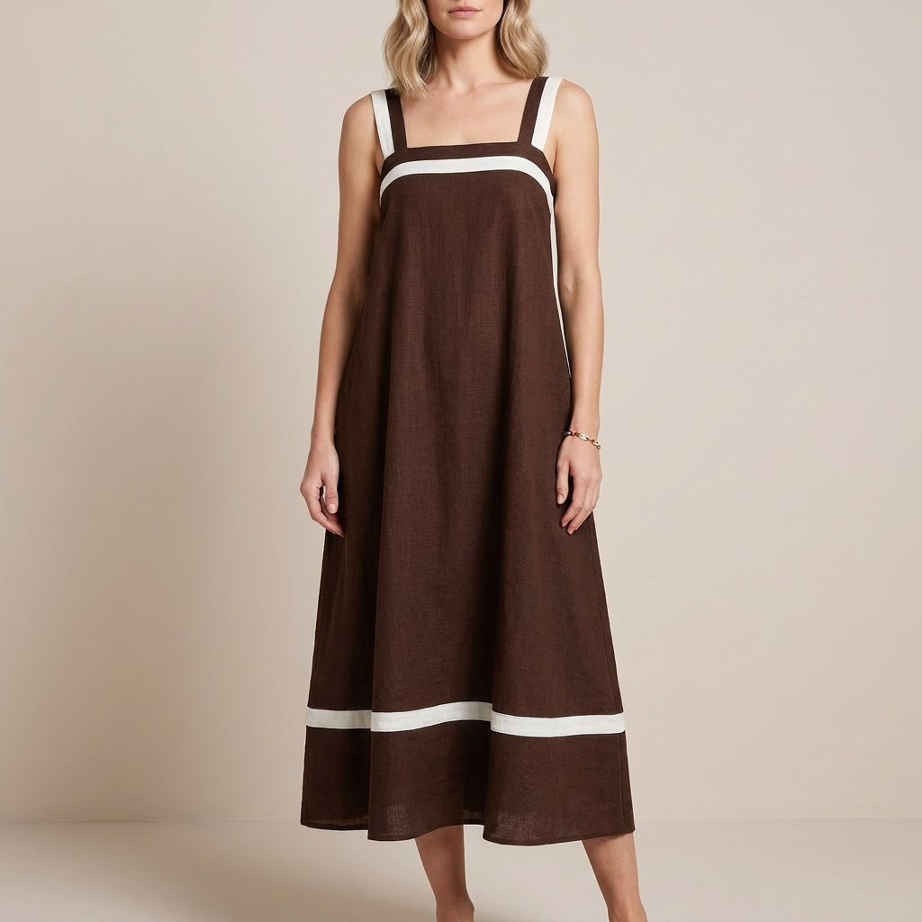Contrast Trim Sleeveless A-Line Statement Maxi Dress