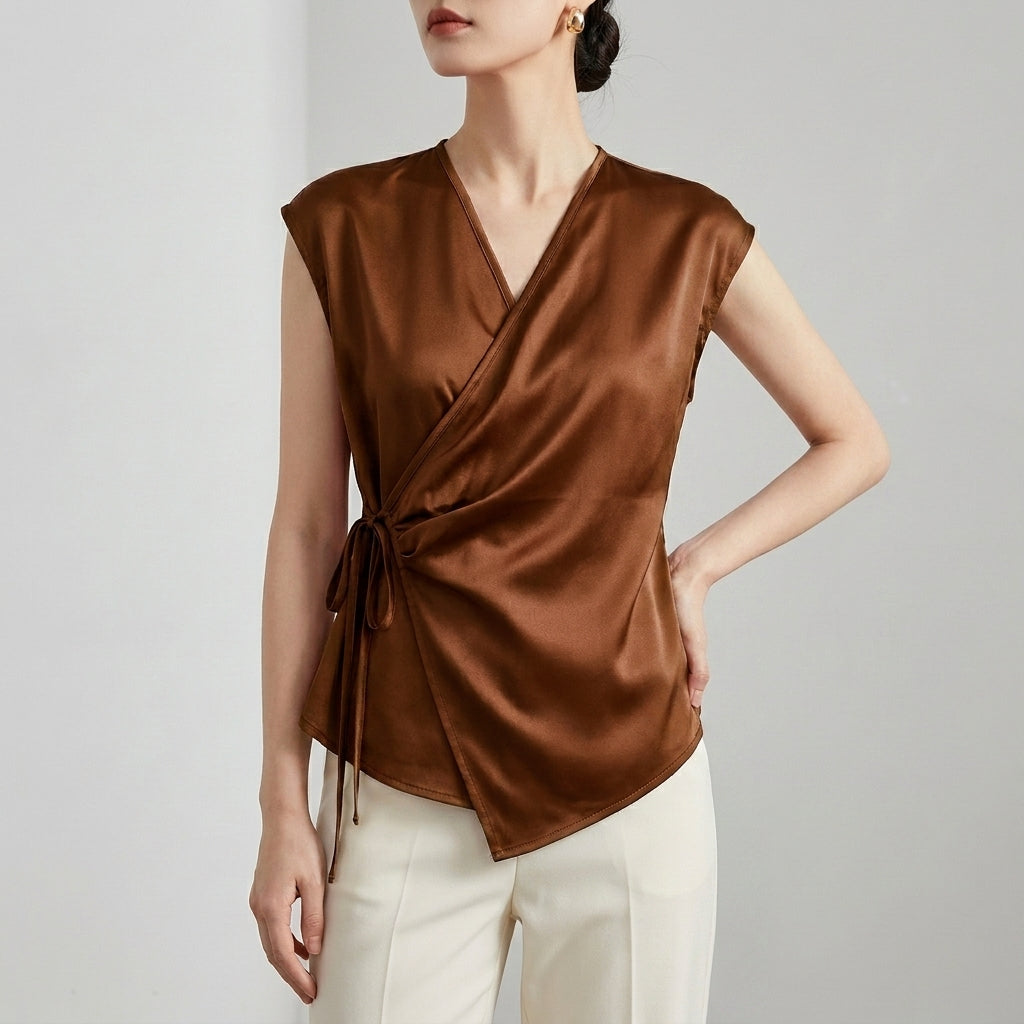 Tailored Sleeveless Wrap Blouse with Pleated Draping and Side Tie Closure