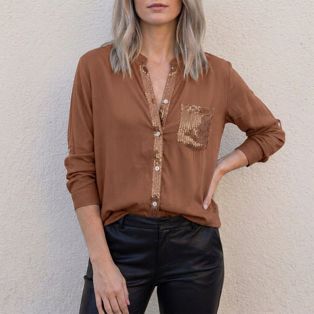 Relaxed Button-Front Statement Pocket Blouse