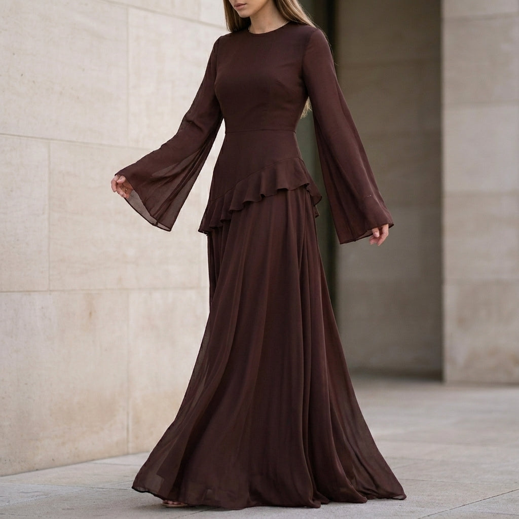 Elegant Gala Maxi Dress with Flared Bell Sleeves and Ruffled Tier