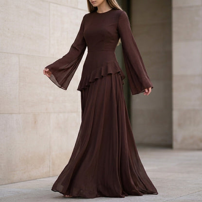 Elegant Gala Maxi Dress with Flared Bell Sleeves and Ruffled Tier