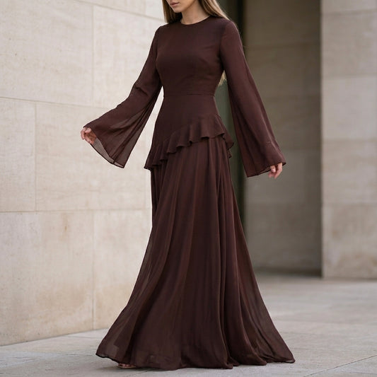 Elegant Gala Maxi Dress with Flared Bell Sleeves and Ruffled Tier