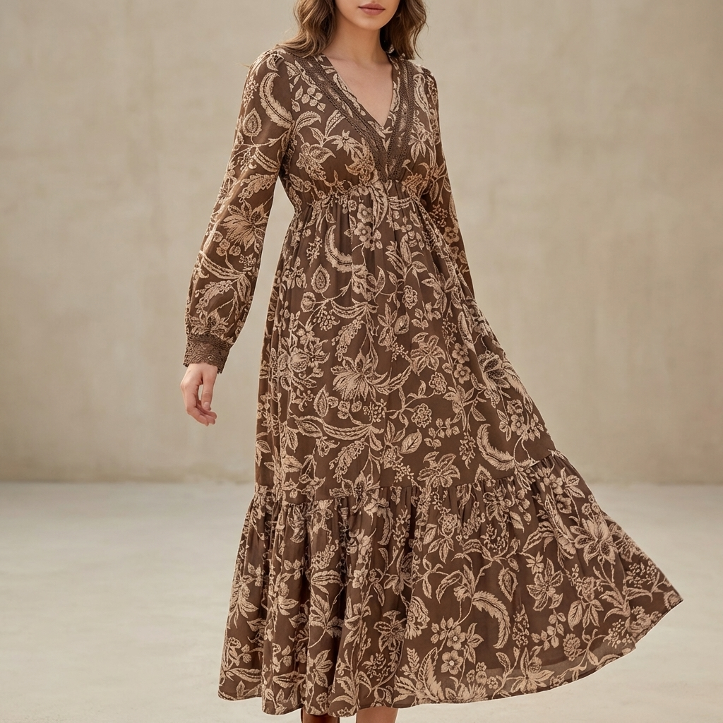 Flowing V-Neck Maxi Dress with Lace Trim and Tiered Skirt