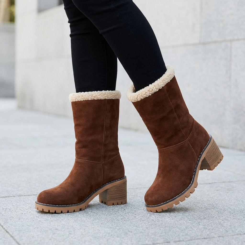 Mid-Calf Fur-Lined Boots with Lug Sole and Block Heel