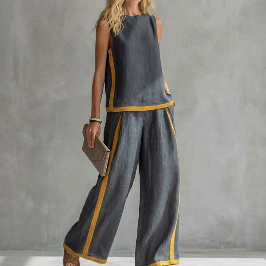 Contemporary Sleeveless Two-Piece Set with Wide-Leg Trousers and Contrast Trim