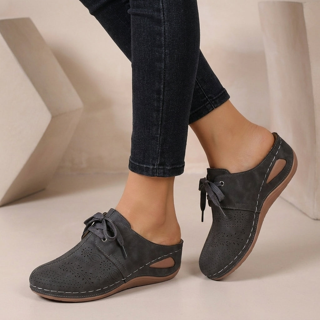 Lace-up Wedge Mules with Perforated Detail and Contrast Stitching