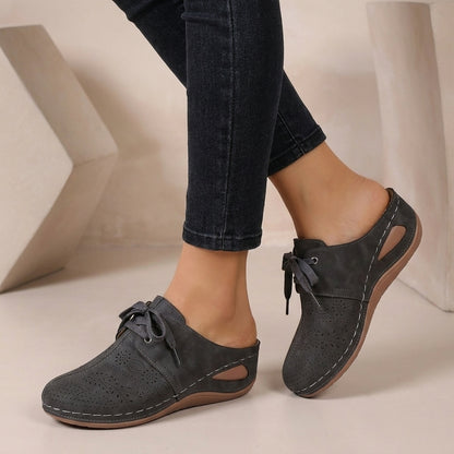 Lace-up Wedge Mules with Perforated Detail and Contrast Stitching