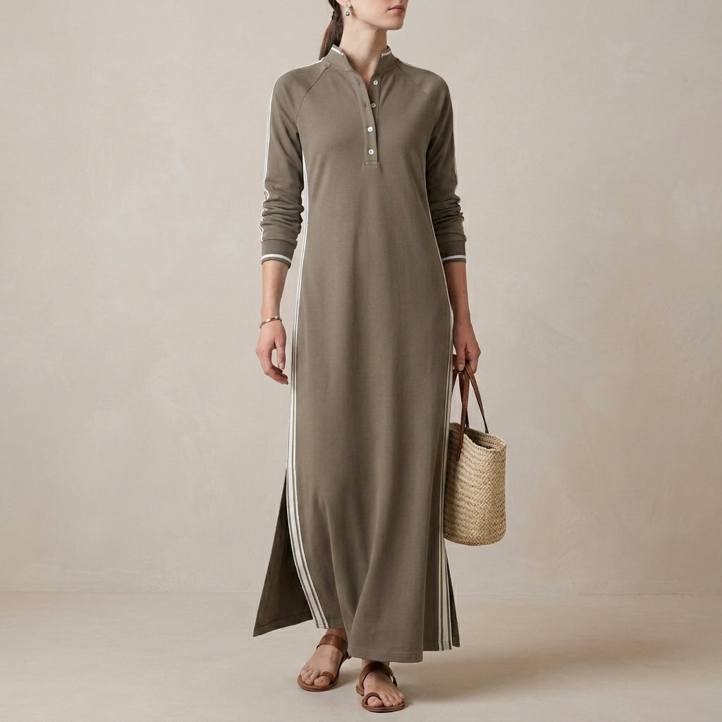 Relaxed Maxi Sweatshirt Dress with Contrasting Trim and Buttoned Collar