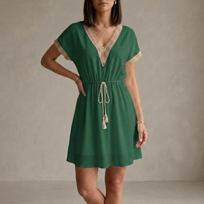 Lightweight Lace-Trimmed Mini Dress with Cinched Waist and V-Neckline