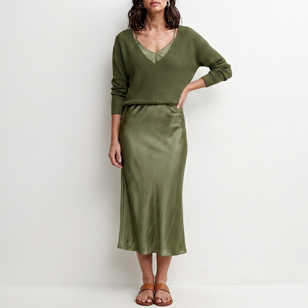 Relaxed V-Neck Knit Top and Satin Maxi Skirt Set