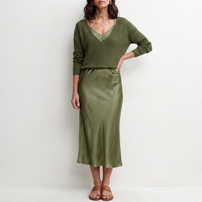 Relaxed V-Neck Knit Top and Satin Maxi Skirt Set