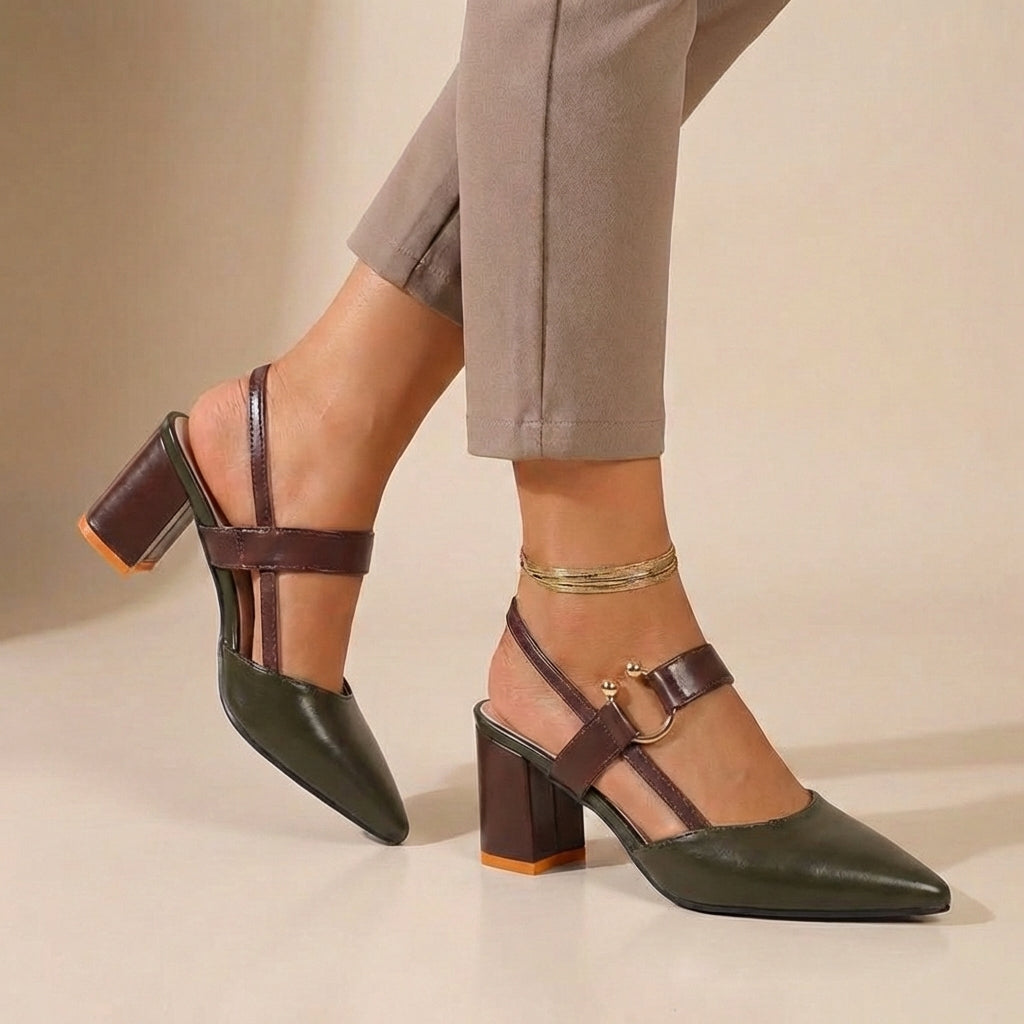 Elegant Leather Slingback Pumps with Buckled Strap and Transparent Insets