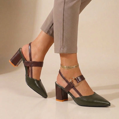 Elegant Leather Slingback Pumps with Buckled Strap and Transparent Insets