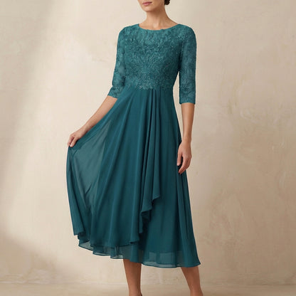Embroidered A-Line Midi Dress with Sheer Sleeves and Pockets