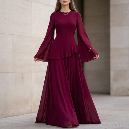 Elegant Gala Maxi Dress with Flared Bell Sleeves and Ruffled Tier