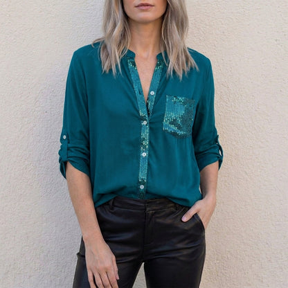 Relaxed Button-Front Statement Pocket Blouse